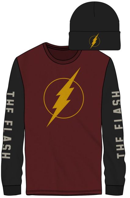 DC COMICS - FLASH – Logo Front The Flash On Sleeves Men's Red/Black LS Tee W/ Black Beanie