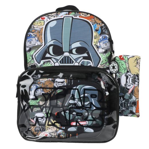 STAR WARS Youth Backpack 5pc Set Features 16in Backpack w/ Window Pocket, Lunch Kit, Utility Case, Rubber Keychain and Carabiner
