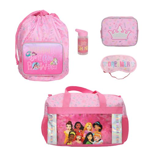 DISNEY - 5 Pc Duffle Bag Set – Duffle Bag, Water Bottle, Drawstring Backpack, Sleep Mask, and Utilit