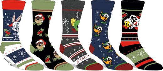 Looney Tunes Christmas Themed Jacquard 5 Pack Crew Socks