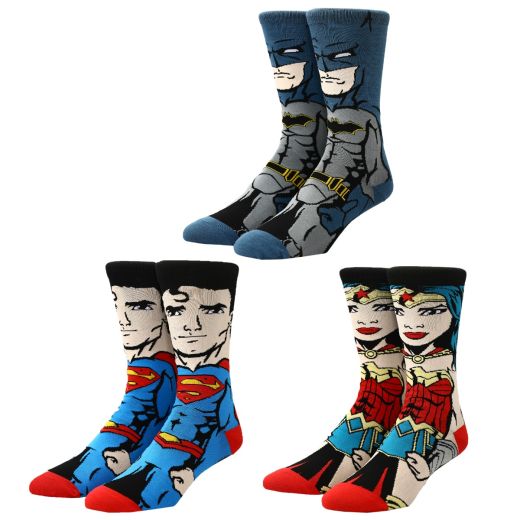 DC Comics Batman Superman Wonder Woman 3 Pack Animigos Crew Socks