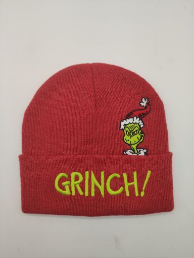 Grinch Peek-A-Boo Crown Embroidery Marled Red Acrylic Knit Beanie
