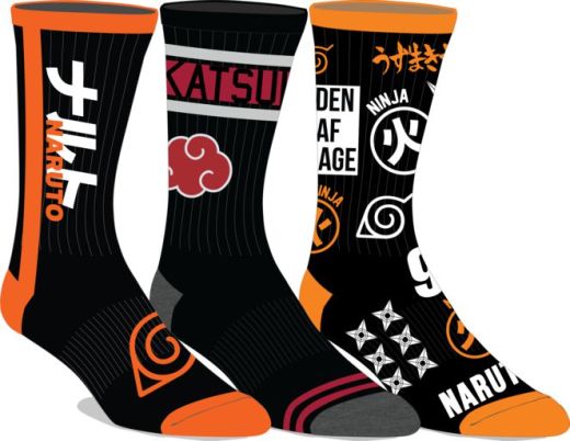 Naruto Akatsuki Kanji Hidden Leaf 3 Pack Mens Crew Socks