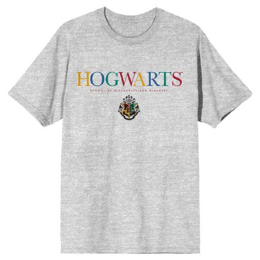 HARRY POTTER - Hogwarts Crest Colour Font Mens Heather Grey Tee