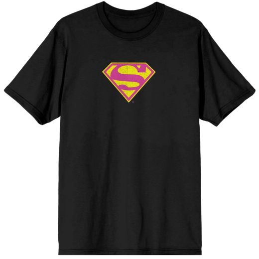 Superman Pink Logo Comic Style Back Hit Adult Black T-Shirt